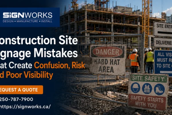 Heavy-duty construction site signage with bold cautionary text and OSHA safety symbols at an active work zone. Custom weatherproof warning signs mounted on security perimeter fencing around the project area.