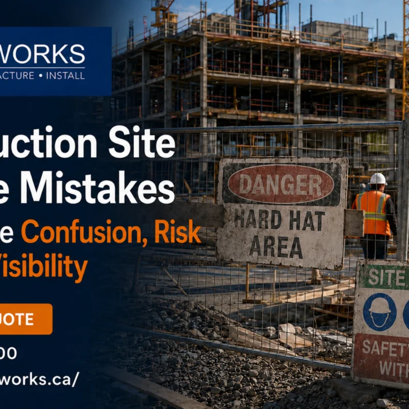 Heavy-duty construction site signage with bold cautionary text and OSHA safety symbols at an active work zone. Custom weatherproof warning signs mounted on security perimeter fencing around the project area.
