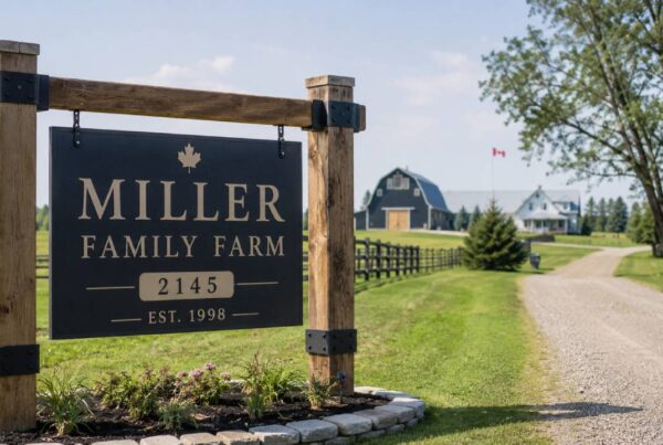 Custom family name sign for Miller Family Farm with house number 2145 and established year 1998 displayed at a rural driveway entrance.