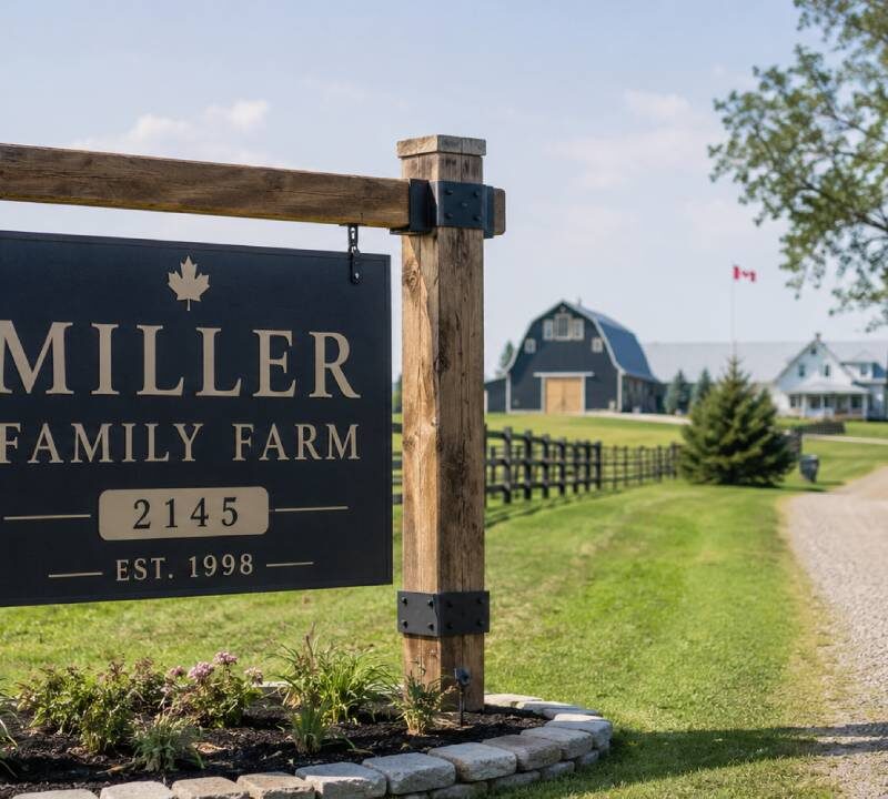 Custom family name sign for Miller Family Farm with house number 2145 and established year 1998 displayed at a rural driveway entrance.