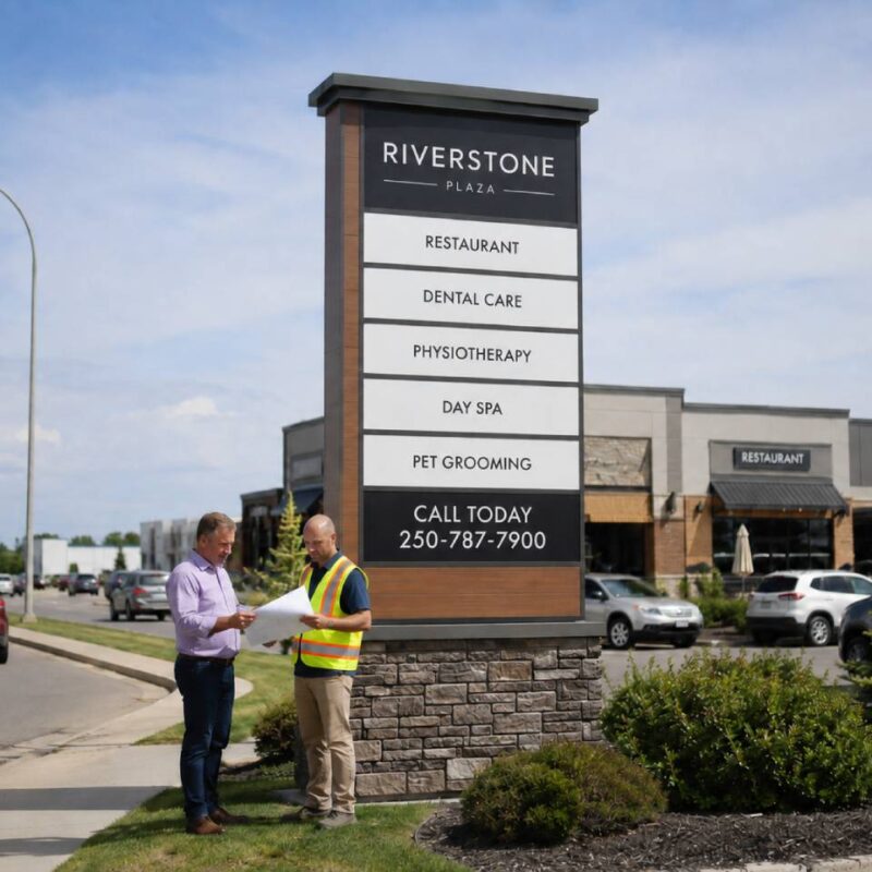 Plan a Pylon Sign with a property owner and sign professional reviewing plans beside a multi-tenant roadside pylon sign featuring a “Call Today” CTA and 250-787-7900.
