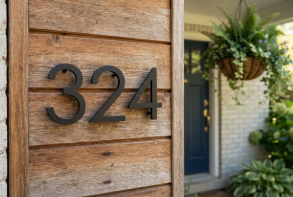 Modern black house address number signs mounted on horizontal wooden wall panels.