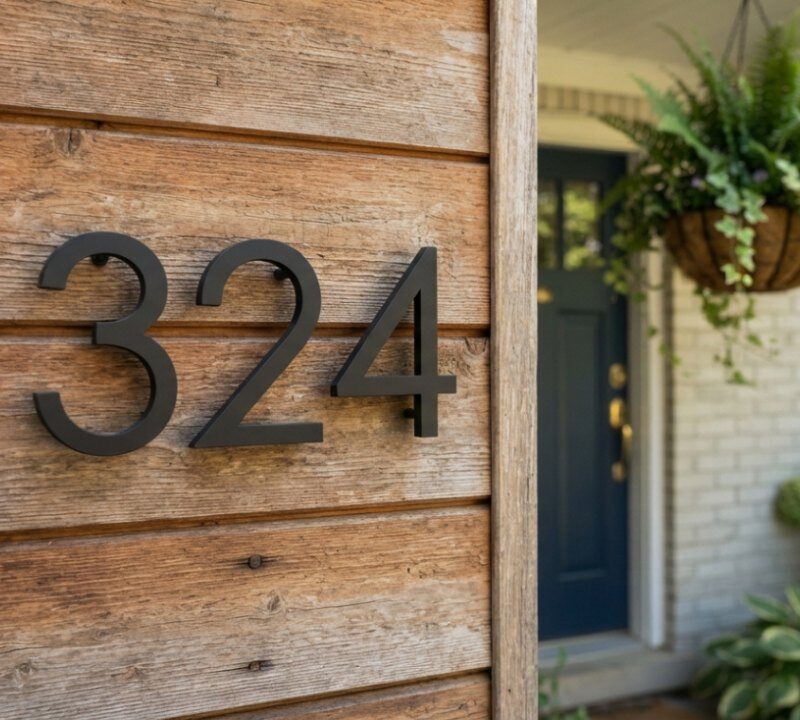 Modern black house address number signs mounted on horizontal wooden wall panels.