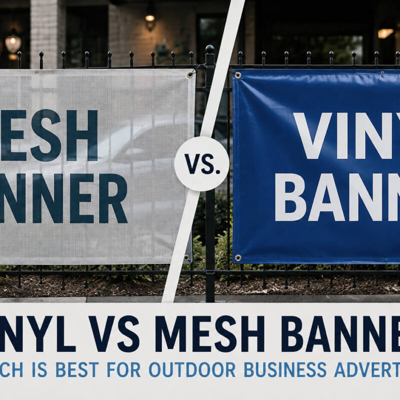 Here are alt text options incorporating the exact-match keyword "Vinyl vs Mesh Banners", structured for accessibility and SEO optimization: Option 1: Standard & Accessible (Recommended) alt="A side-by-side comparison of a mesh banner and a solid blue vinyl banner mounted on a black metal fence, highlighting vinyl vs mesh banners for outdoor business advertising." Option 2: Short & Direct (SEO Focused) alt="Side-by-side comparison illustrating vinyl vs mesh banners mounted outdoors on a fence.