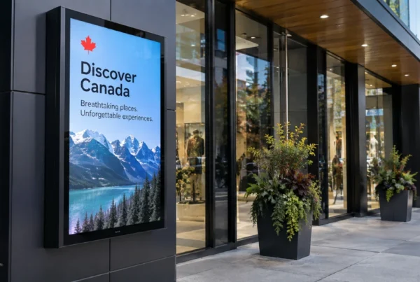 Outdoor digital signage in Canada displaying a tourism advertisement outside a retail store.