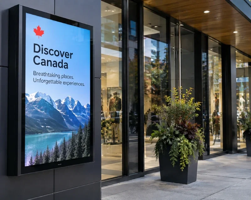Outdoor digital signage in Canada displaying a tourism advertisement outside a retail store.
