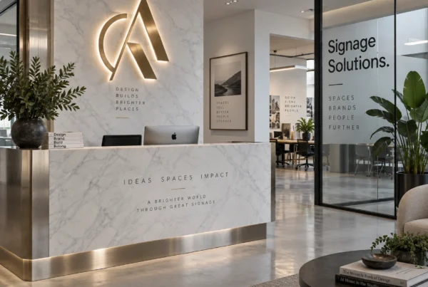 Illuminated gold logo and custom indoor signage in a luxury office lobby