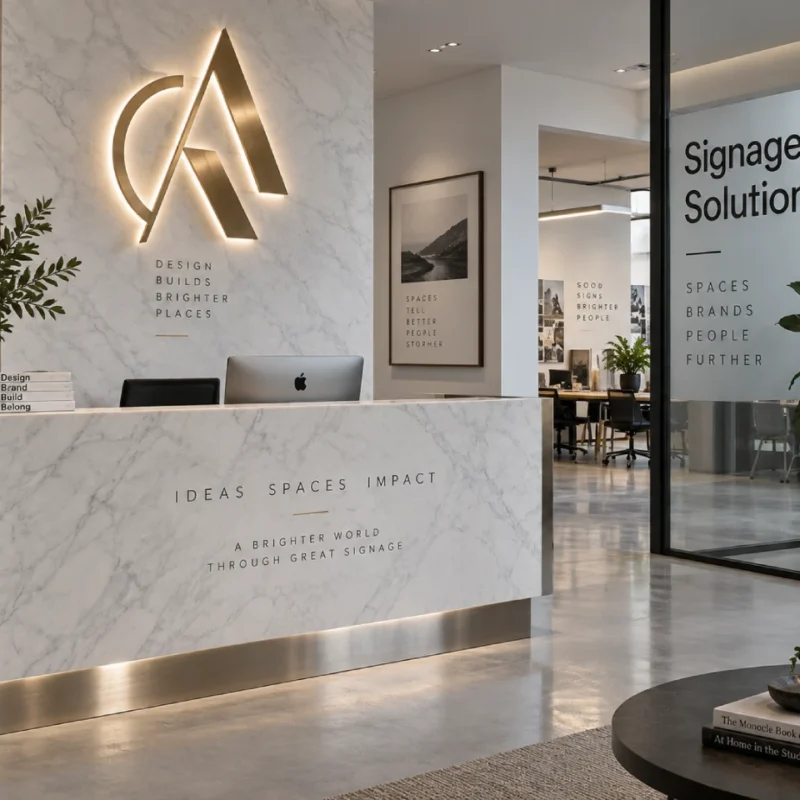 Illuminated gold logo and custom indoor signage in a luxury office lobby