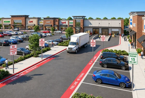 Commercial property parking lot marked with No Parking Signs for loading zones.