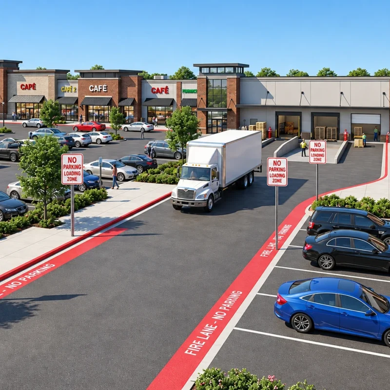 Commercial property parking lot marked with No Parking Signs for loading zones.