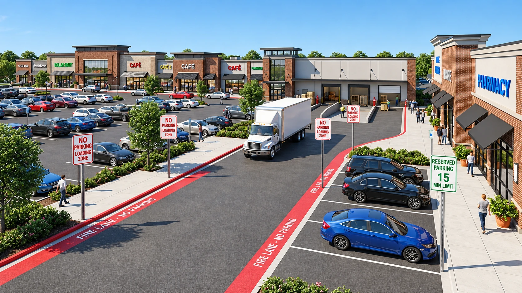 Commercial property parking lot marked with No Parking Signs for loading zones.